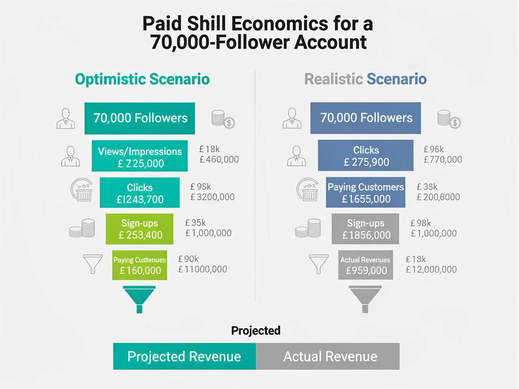 Economics breakdown infographic showing realistic versus optimistic paid crypto shill earnings for mid-tier influencer accounts