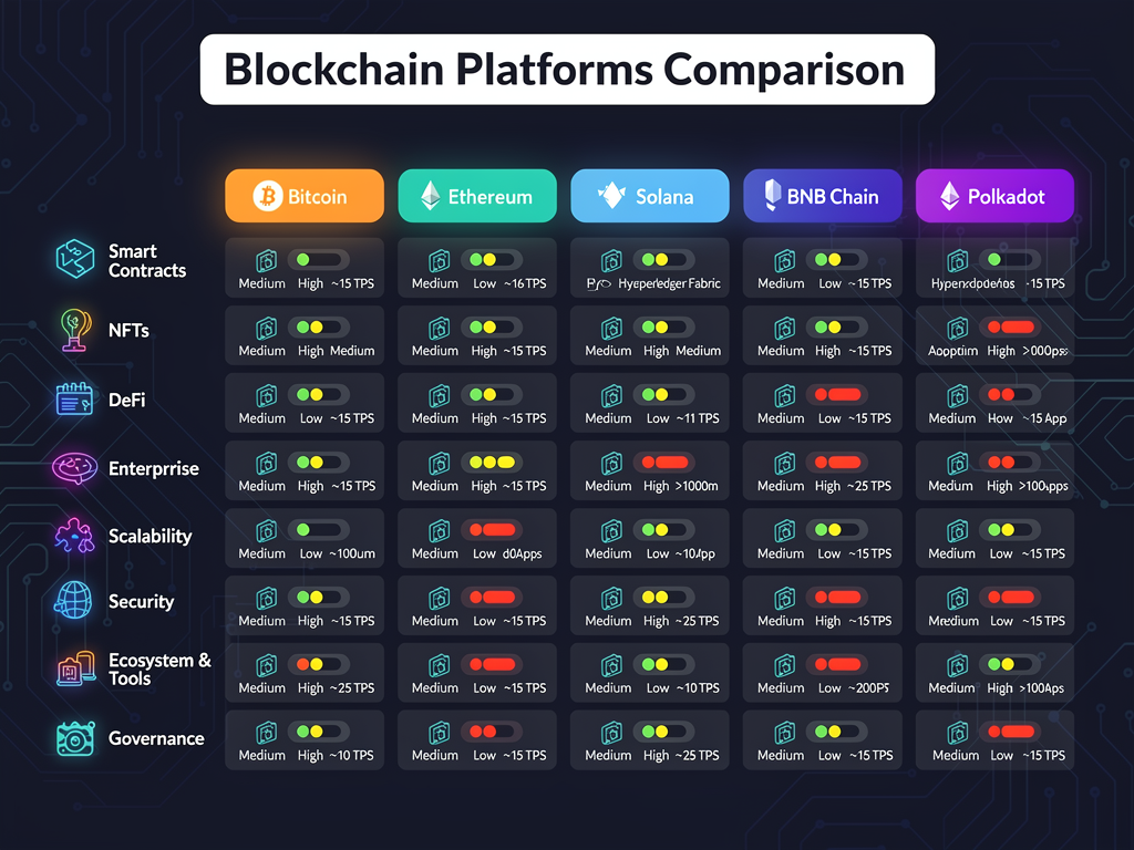 Blockchain platform comparison matrix showing Ethereum, Solana, Algorand and their ideal use cases for success
