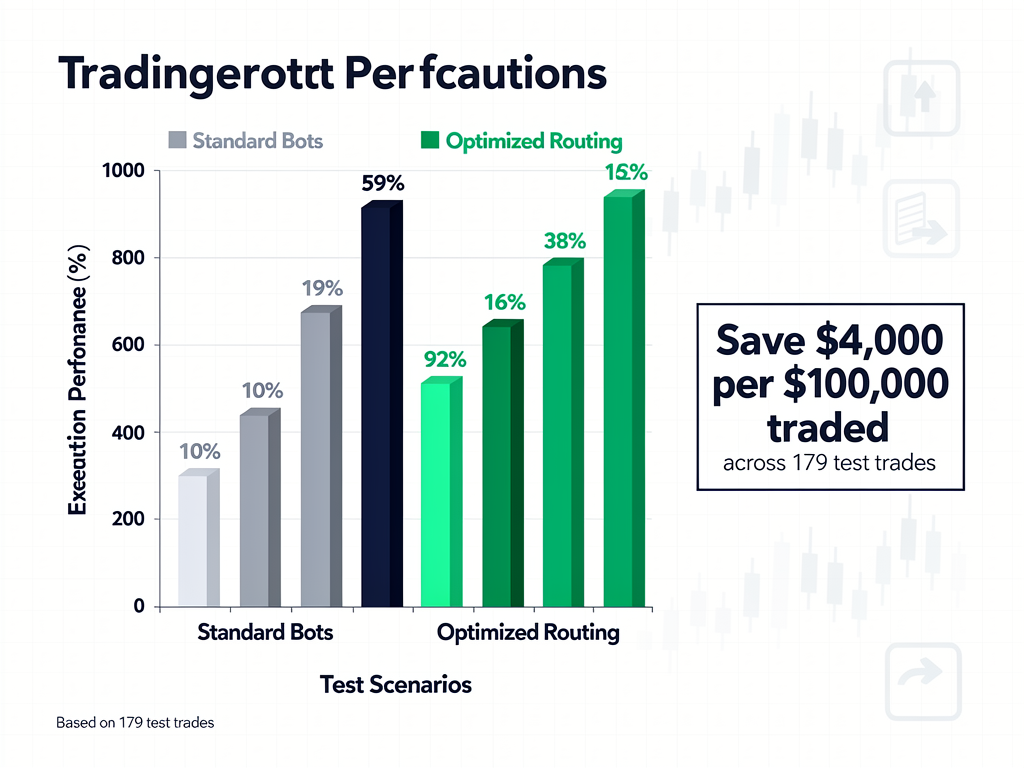 Telegram trading bot performance comparison showing 59 to 162 percent execution improvement and cost savings
