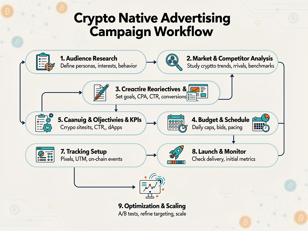 Checklist for launching first crypto native advertising campaign with steps from research to optimization