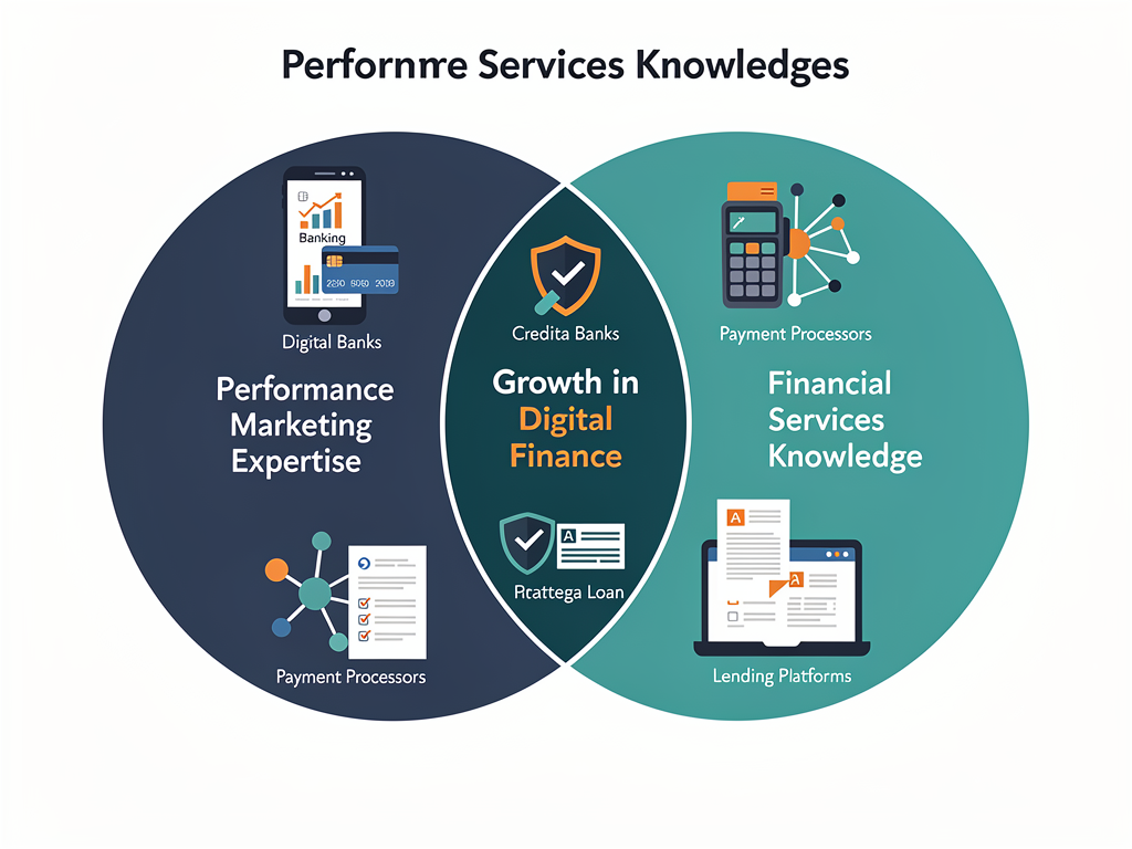 Fintech PPC agency specialization diagram showing performance marketing and financial services compliance expertise