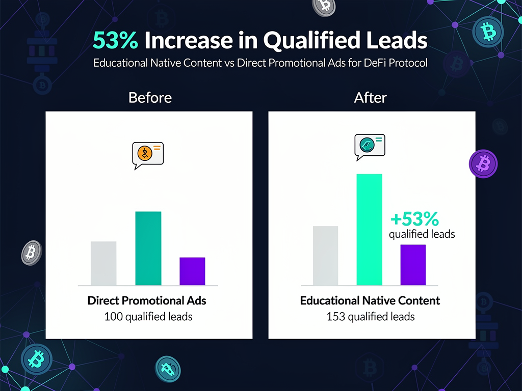 DeFi protocol case study showing 53% more qualified leads from educational crypto native ads versus promotional ads
