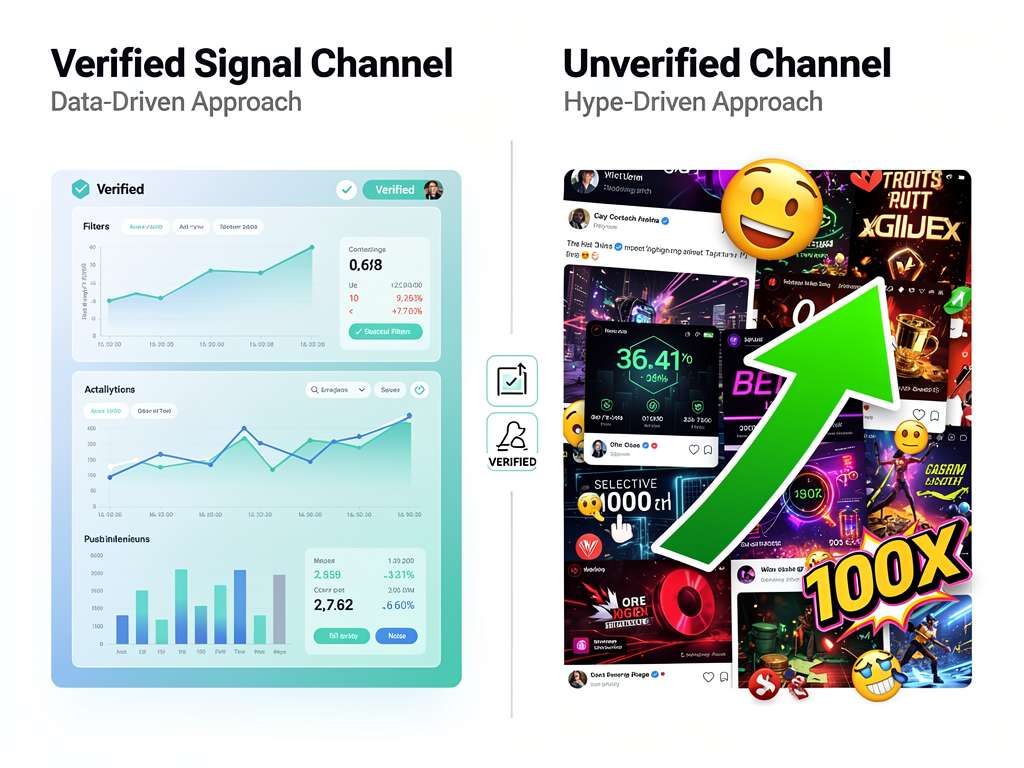 Telegram crypto signal bot verified versus unverified channel comparison showing transparent performance tracking