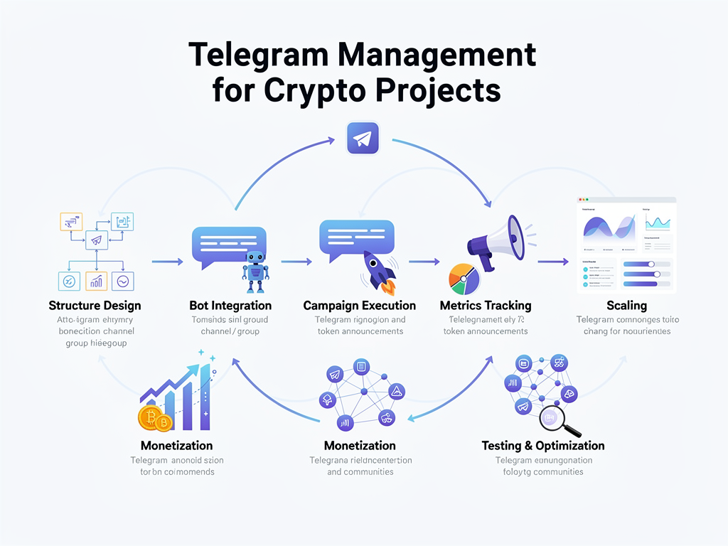 Step-by-step Telegram management workflow for crypto projects showing bot integration and community scaling process