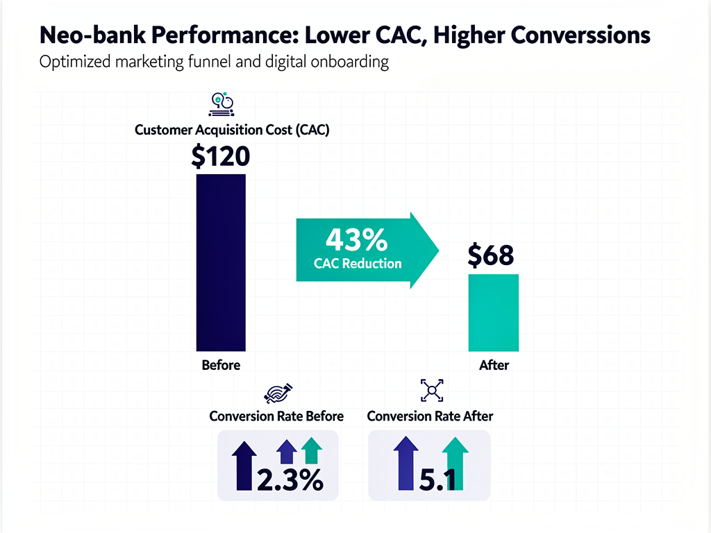 Neo-bank case study results showing 43% reduction in customer acquisition cost through specialized fintech PPC strategies