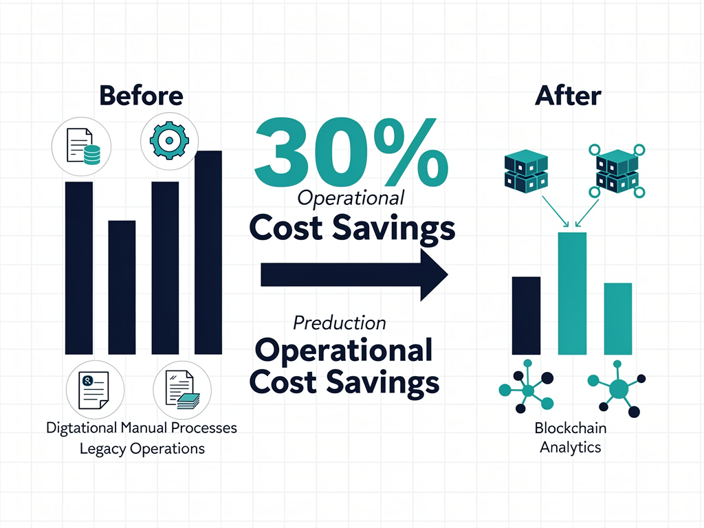 Blockchain cost reduction diagram showing 30% operational savings for SMEs through decentralized analytics
