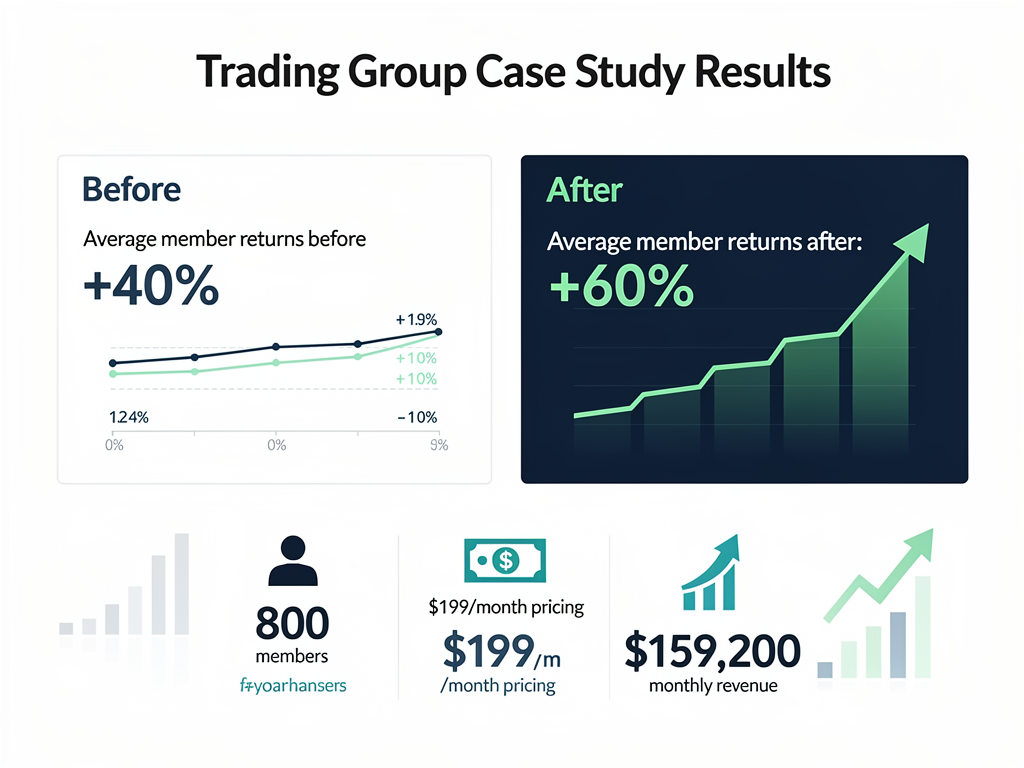 Crypto Discord trading group revenue breakdown showing $159,200 monthly from 800 members at $199 subscription