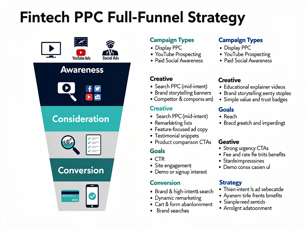 Fintech PPC full-funnel campaign structure from awareness to conversion with journey stage targeting