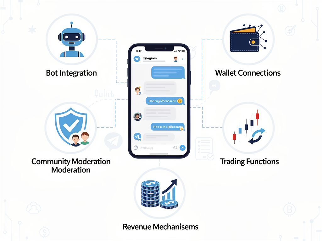 Telegram management for cryptos infographic showing bot integration, wallets, and revenue mechanisms for token launches