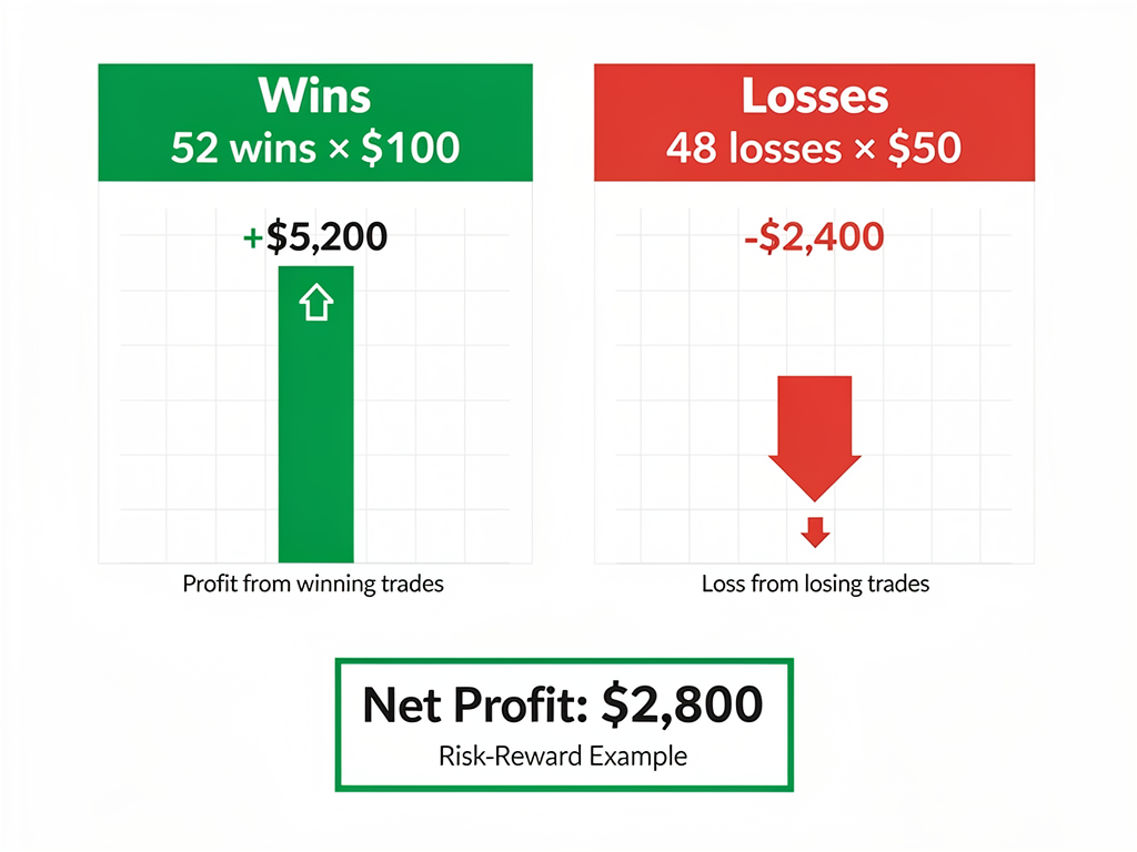 Risk-reward ratio calculation for telegram crypto alerts showing how 52% win rate generates $2,800 profit