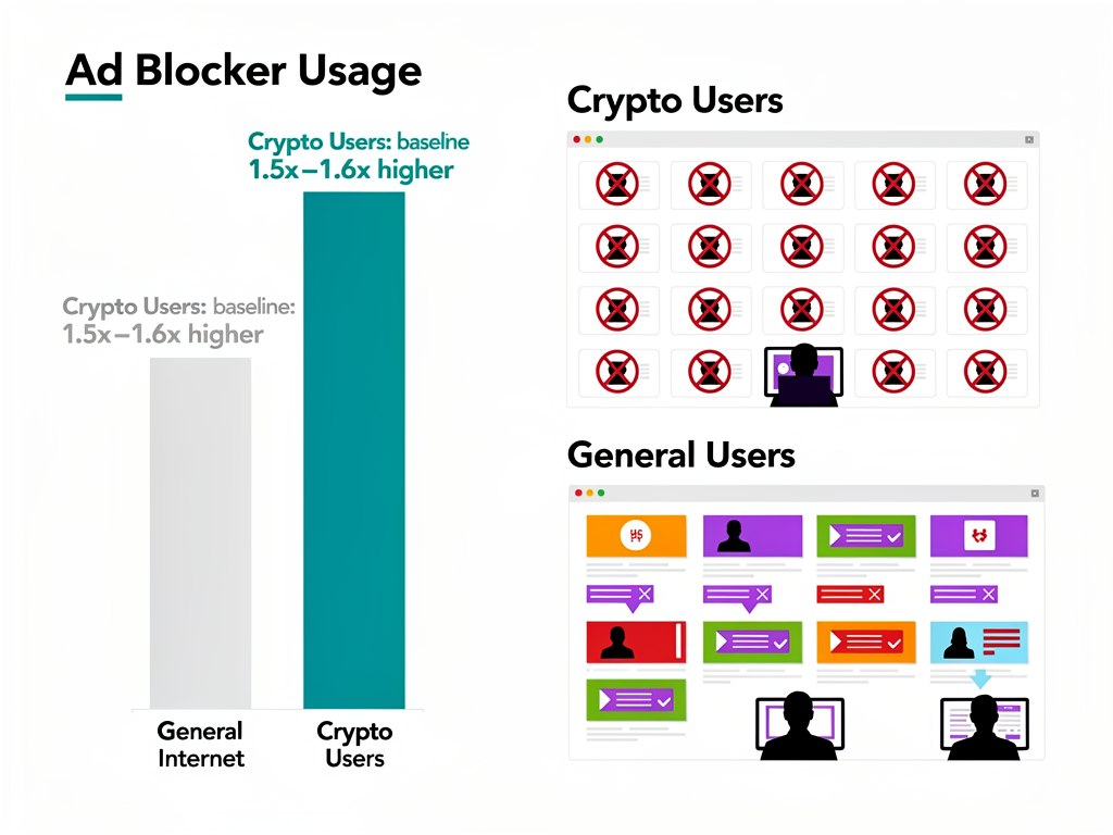 Chart showing cryptocurrency users run ad blockers 40-60% higher than average internet users
