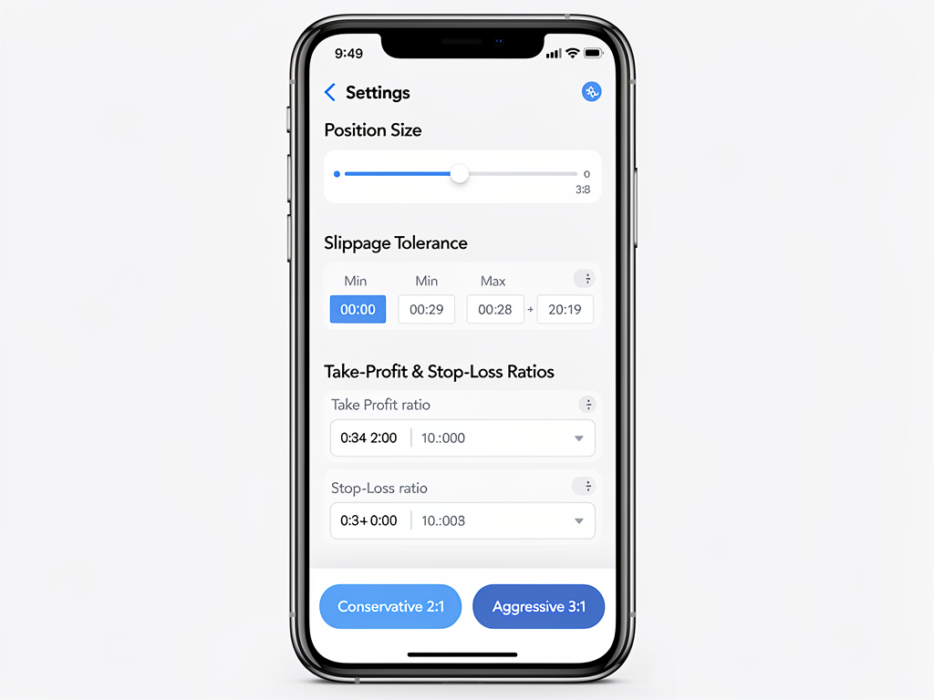 Telegram crypto signal bot auto-execution settings interface with risk management and slippage configuration options