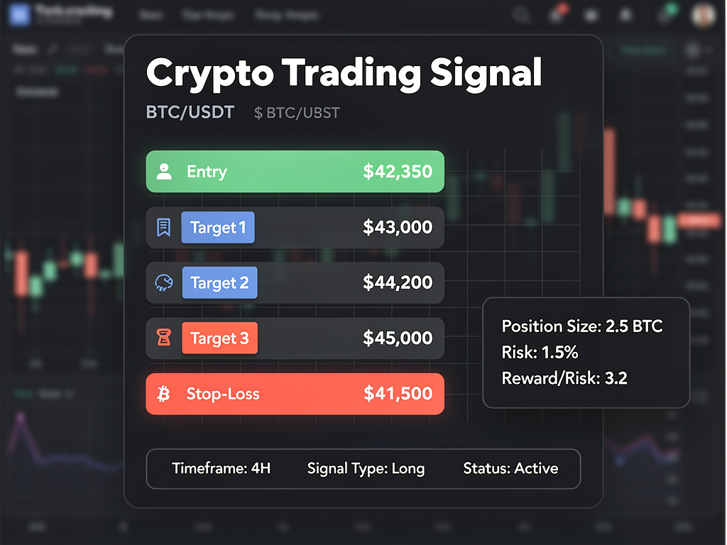 Channel signal crypto alert example showing entry price, targets, stop-loss and position sizing