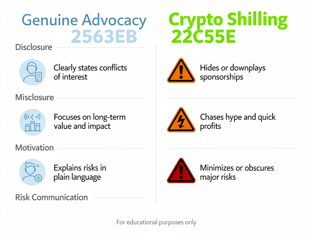 Comparison infographic showing differences between genuine crypto advocacy and shilling practices with transparency indicators