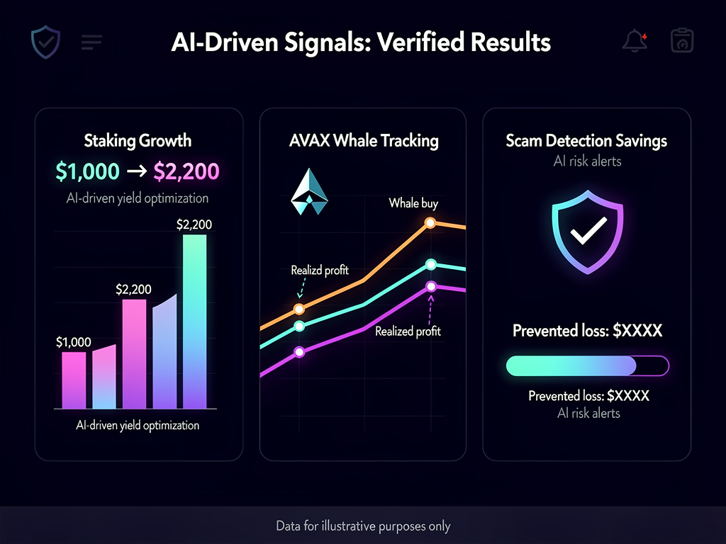 AI-driven crypto signal results chart showing verified profits from whale tracking and staking rewards