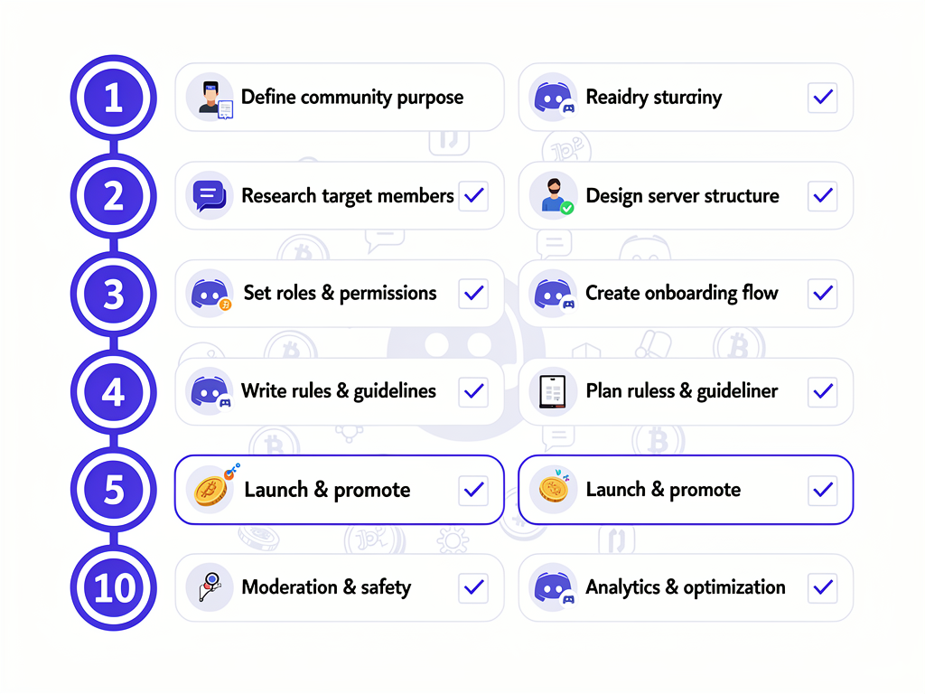Implementation checklist for building successful crypto Discord communities with key action items and tools
