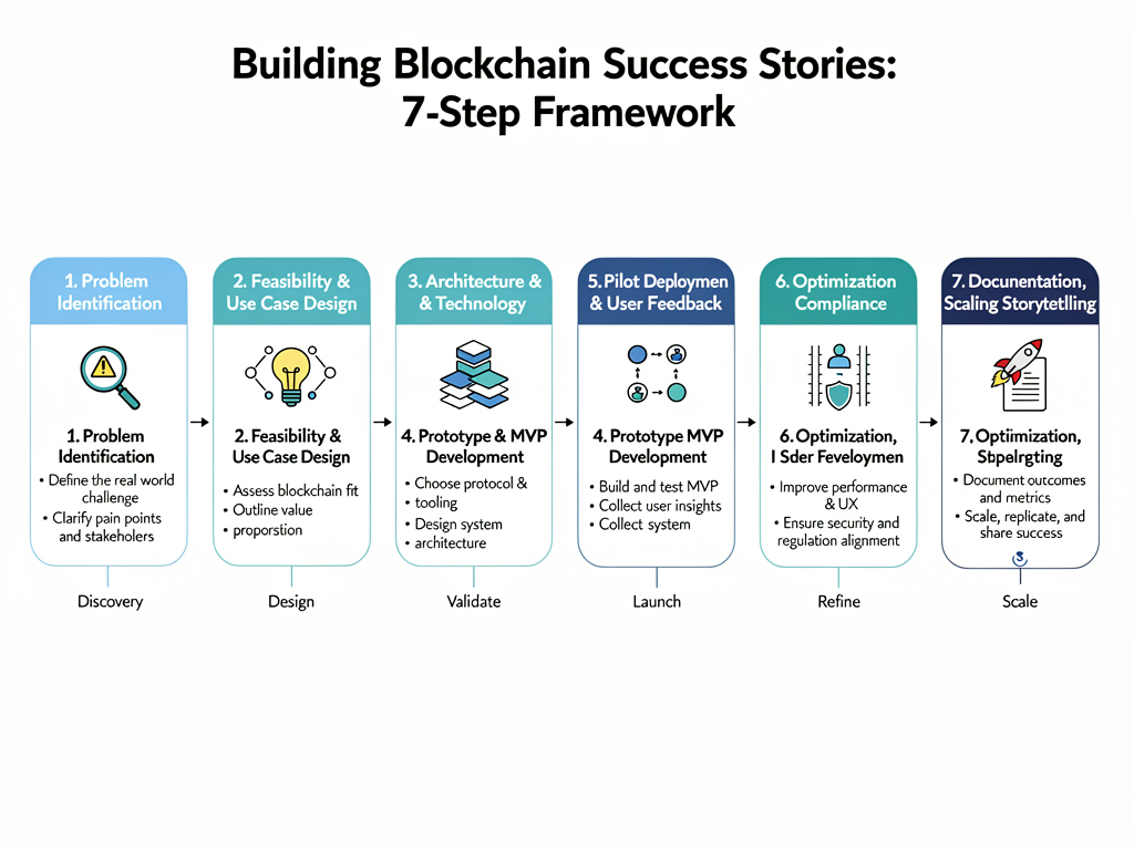Seven-step process flowchart for building blockchain success stories from problem identification to scaling