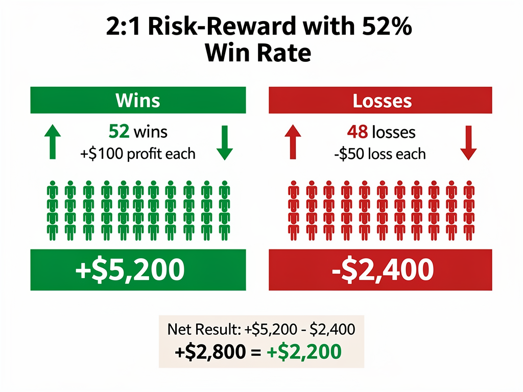 Risk-reward ratio calculation infographic showing how 52% win rate generates profit in crypto trading