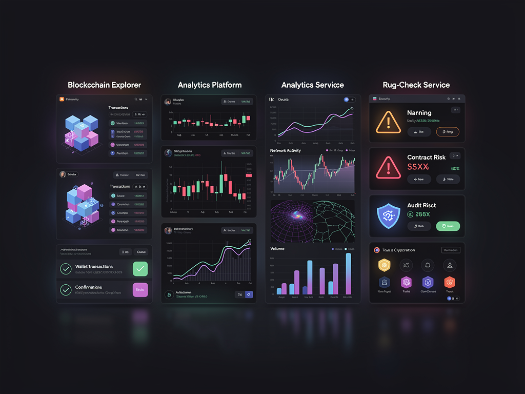 Grid display of essential crypto verification tools for analyzing shilled projects including blockchain explorers and analytics platforms