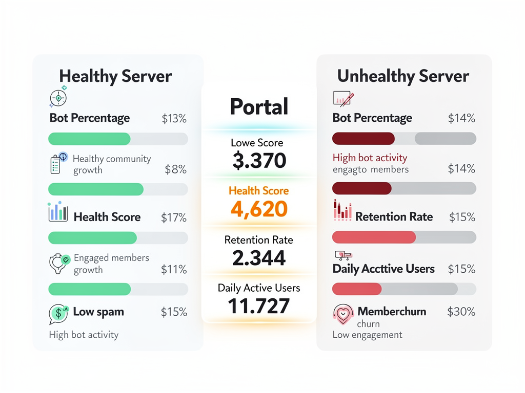 Crypto Discord community health metrics comparison showing Portal's 572k members with 2% bots and 92 health score