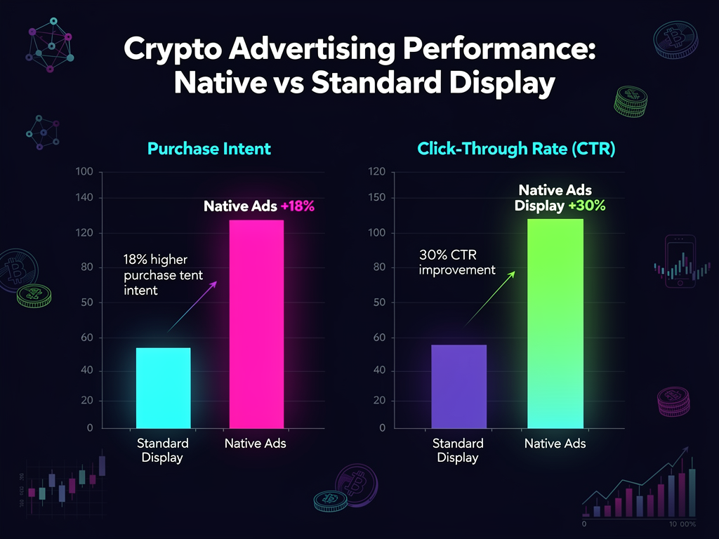 Crypto native ads performance metrics showing 18% higher purchase intent and 30% better click-through rates compared to display ads